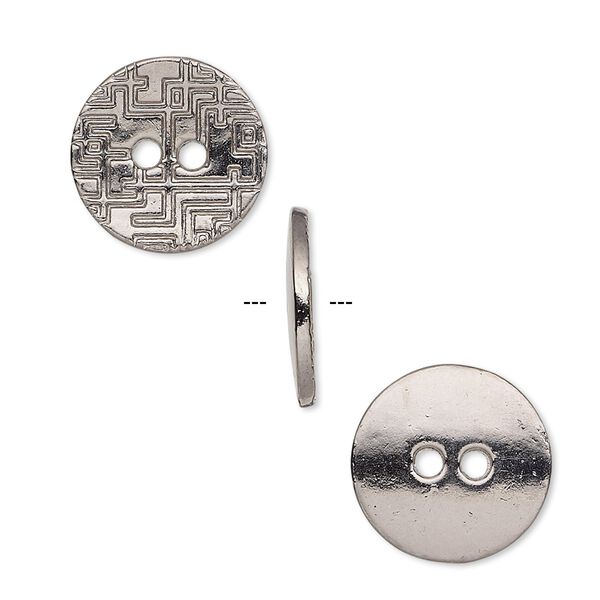 Button, gunmetal-plated "pewter" (zinc-based alloy), 15mm single-sided flat round with geometric design. Sold per pkg of 20. image number 0