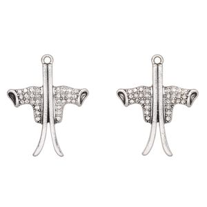 Focal, antique silver-finished "pewter" (zinc-based alloy) and glass, clear, 32x28mm ski. Sold per pkg of 2.