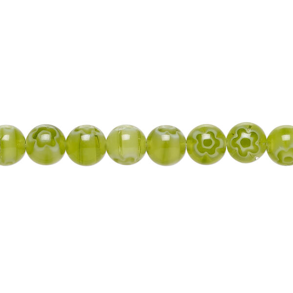 Bead, millefiori glass 1pkg1, translucent light forest green and white, 6mm round, 15 inches. image number 0