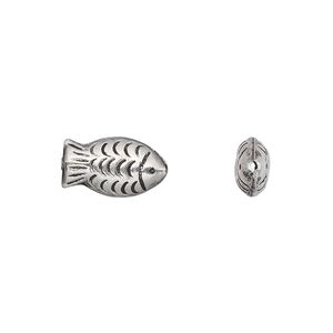 Bead, Hill Tribes, antiqued silver-plated brass, 14x7mm double-sided textured fish. Sold per pkg of 4.