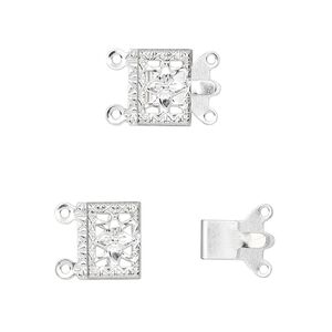 Clasp tab 1pkg10, 10x7mm filigree square, silver-finished brass 2-strand