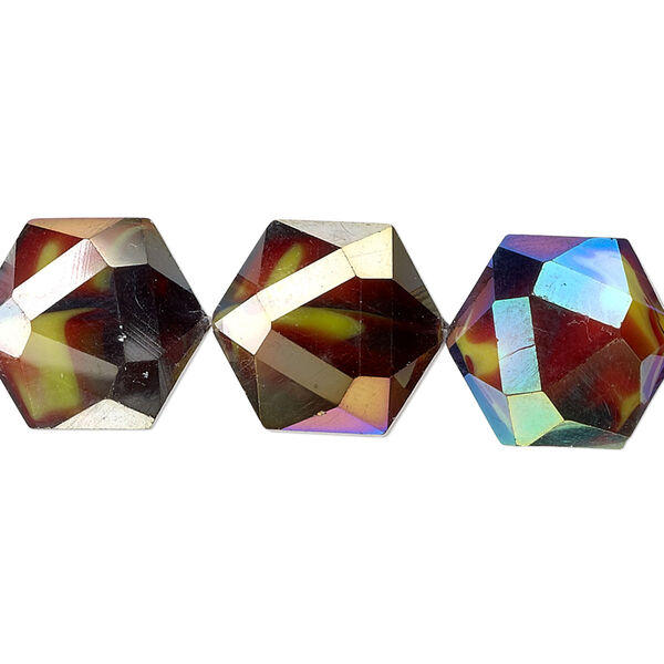 Bead, millefiori glass, marbled yellow and red AB, 16x14mm faceted hexagon. Sold per 8-inch strand, approximately 10 beads. image number 0