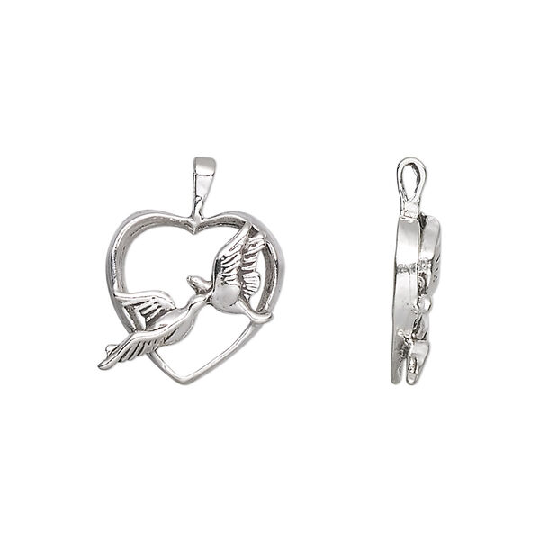 Charm, antiqued sterling silver, 15x13.5mm love birds in heart. Sold individually. image number 0