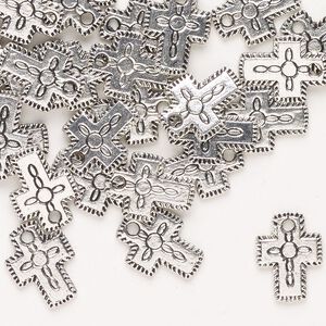 Drop, antique silver-finished "pewter" (zinc-based alloy), 12x9mm-12x10mm double-sided textured flat cross. Sold per pkg of 50.