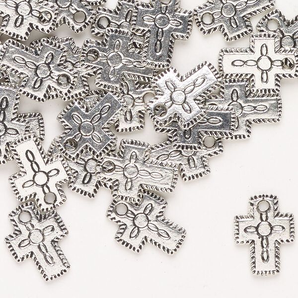 Drop, antique silver-finished "pewter" (zinc-based alloy), 12x9mm-12x10mm double-sided textured flat cross. Sold per pkg of 50. image number 0