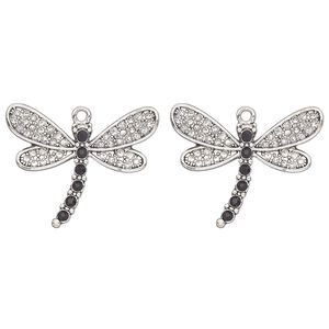 Focal, antique silver-finished "pewter" (zinc-based alloy) and glass, clear and black, 33x23mm single-sided dragonfly. Sold per pkg of 2.