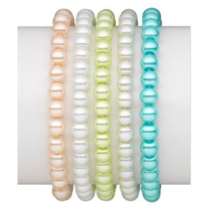 Bracelet, stretch, glass pearl, pastel colors, 6mm round, 6 inches. Sold per pkg of 5.