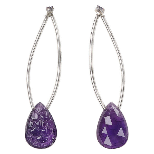 Amethyst 1pkg1, hand-cut top-drilled carved scales faceted back 2-sided teardrop bead natural B grade, 18x12mm image number 0