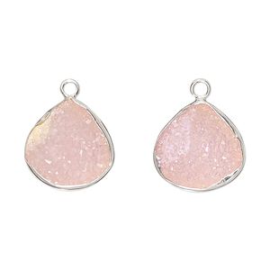 Drop, druzy agate (dyed) and sterling silver, pink, 15x15mm single-sided teardrop. Sold per pkg of 2.