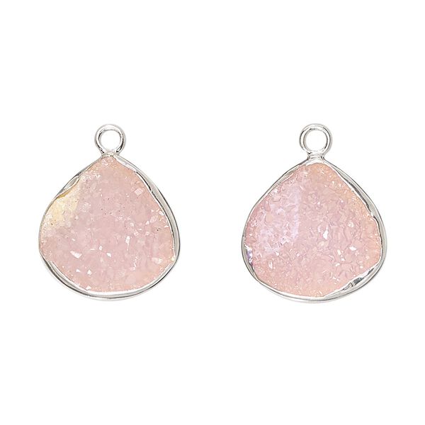 Drop, druzy agate (dyed) and sterling silver, pink, 15x15mm single-sided teardrop. Sold per pkg of 2. image number 0