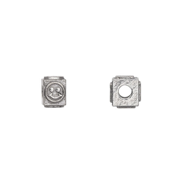 Bead, antiqued pewter (tin-based alloy), 8x6mm rectangle with happy face. Sold per pkg of 4. image number 0