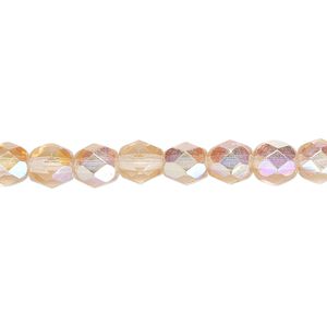 Bead, Czech fire-polished glass, translucent light rose AB, 6mm faceted round. Sold per pkg of 1,200 (1 mass).