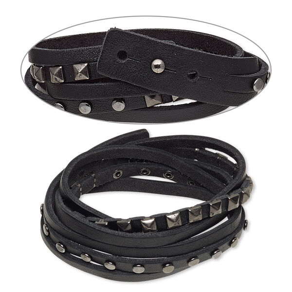 Bracelet, 3-strand wrap, leather (dyed) and gunmetal-plated "pewter" (zinc-based alloy), black, 18mm wide with square and round studs, adjustable from 7 to 7-1/2 inches with rivet clasp. Sold individually. image number 0
