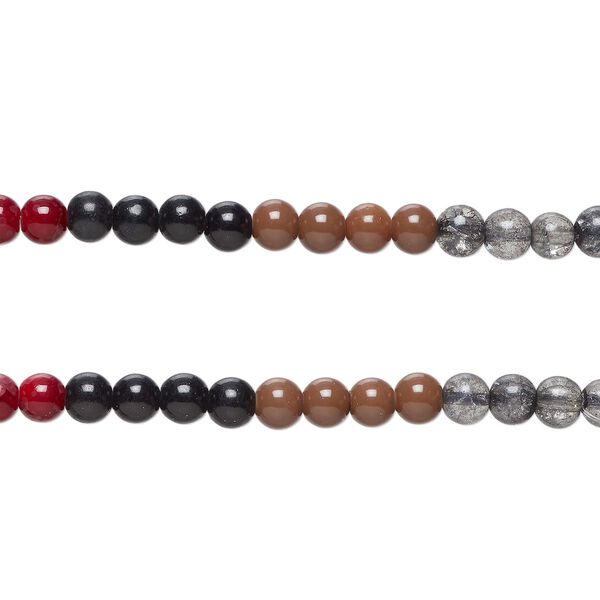 Bead, glass, opaque and translucent cranberry and mixed neutrals, 8-8.5mm round. Sold per pkg of (2) 7-inch strands, approximately 50 beads. image number 0