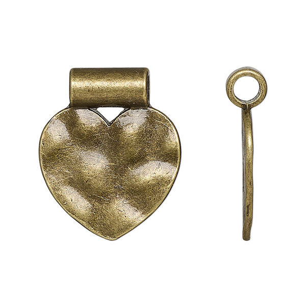Pendant, slide, antique brass-finished "pewter" (zinc-based alloy), 25x21mm double-sided hammered flat heart with 3.5mm inside diameter. Sold per pkg of 10. image number 0