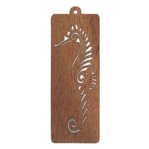 Focal, black walnut (natural) and aluminum foil, 43x16mm single-sided laser-cut rectangle with seahorse. Sold individually.