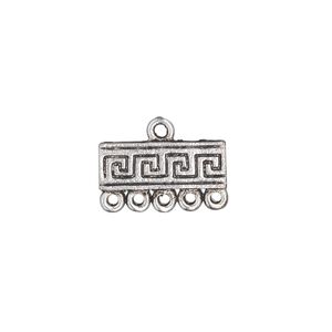 End bar, antique silver-plated "pewter" (zinc-based alloy), 17x6mm single-sided rectangle with Greek key design and 5 loops. Sold per pkg of 10.