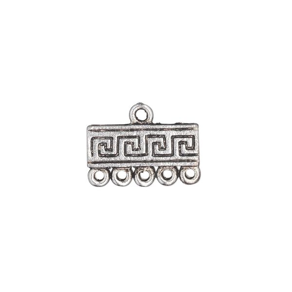 End bar, antique silver-plated "pewter" (zinc-based alloy), 17x6mm single-sided rectangle with Greek key design and 5 loops. Sold per pkg of 10. image number 0
