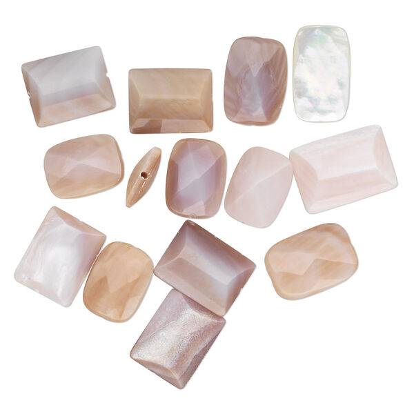 Bead mix, shell (natural), white to pink, 15x12mm-20x15mm faceted rectangle. Sold per pkg of 1-ounce. image number 0