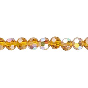 Bead 1pk 32 facets translucent gold AB, Celestial Crystal® 6mm round 15.5-16 inch