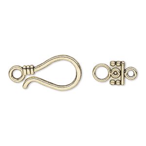 Clasp hook&eye 1pkg10 "pewter" (zinc alloy), 23x11mm, antique gold-finished 1-strand