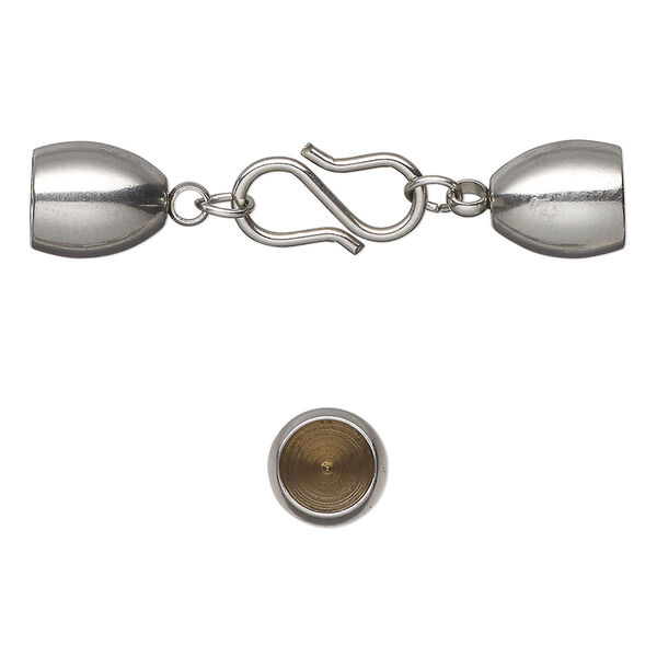 Clasp, S-hook, stainless steel, 36x8mm clasp with 13x7mm hook and 9.5x8mm glue-in bell ends, 6mm inside diameter. Sold individually. image number 0