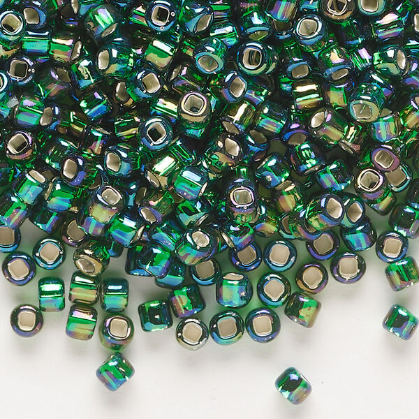 Seed bead, Dyna-Mites™, glass, silver-lined translucent rainbow emerald green, #6 round with square hole. Sold per 1/2 kilogram pkg. image number 0