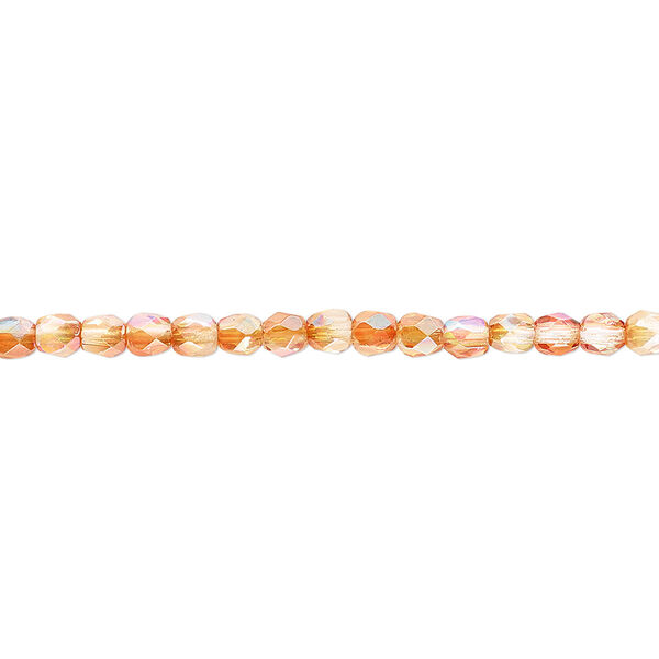 Bead, Czech fire-polished glass, two-tone clear AB and apricot medium, 3mm faceted round. Sold per 15-1/2" to 16" strand. image number 0