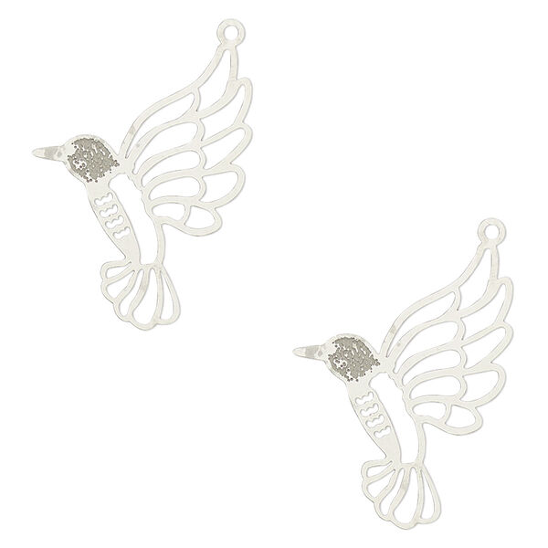 Charm, Lazer Lace™, stainless steel, 24x17mm single-sided hummingbird. Sold per pkg of 2. image number 0