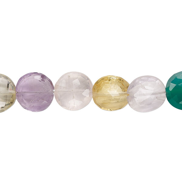 Bead, multi-gemstone (natural / dyed / heated / irradiated), multicolored, 10-11mm hand-cut faceted puffed flat round, B grade, Mohs hardness 3 to 7. Sold per 7-inch strand. image number 0