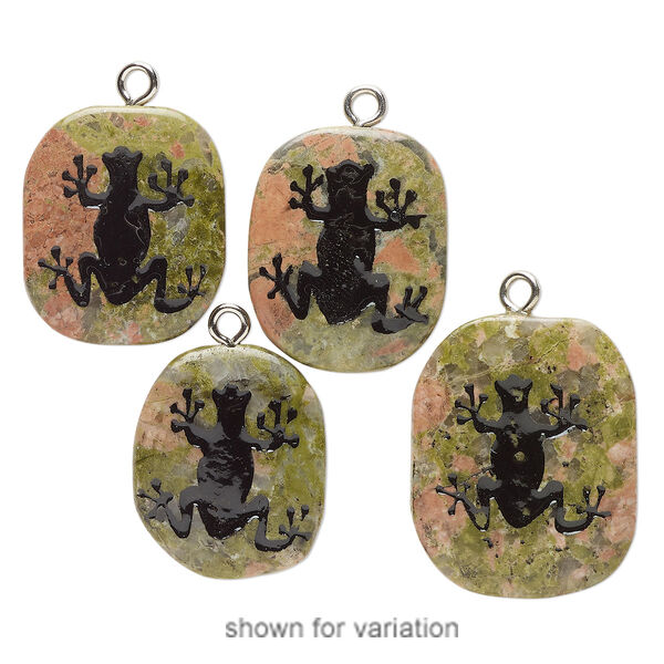 Focal, silver-finished steel / unakite (natural) / enamel, black, 29x24mm-36x30mm freeform with frog, Mohs hardness 6-7. Sold individually. image number 0