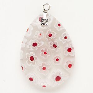 Focal 1pkg1 silver-finished steel and millefiori glass, translucent and transparent clear / white / red, 39x30mm-40x30mm puffed teardrop.