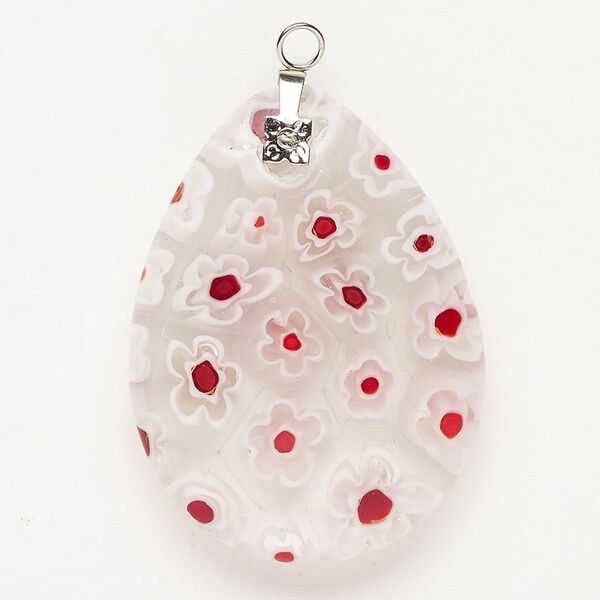 Focal 1pkg1 silver-finished steel and millefiori glass, translucent and transparent clear / white / red, 39x30mm-40x30mm puffed teardrop. image number 0