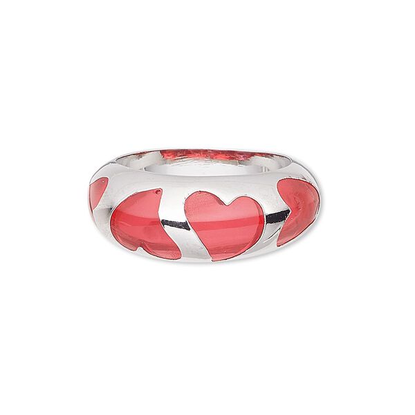 Ring, epoxy and imitation rhodium-finished brass, red, 9mm wide with heart cutout design, size 8. Sold individually. image number 0