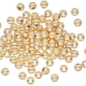 Bead, gold-plated brass, 4mm corrugated round. Sold per pkg of 1,000.