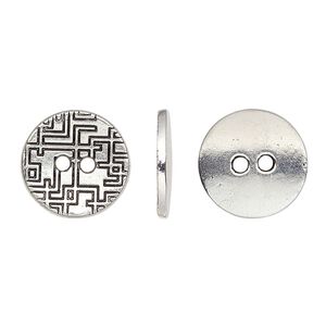 Button, antique silver-plated "pewter" (zinc-based alloy), 15mm single-sided flat round with geometric design. Sold per pkg of 20.