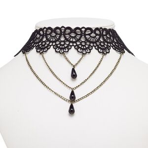 Necklace, choker, nylon lace / acrylic / antique brass-plated steel / "pewter" (zinc-based alloy), black, 35mm wide with teardrop, 16 inches with 2-inch extender chain and lobster claw clasp. Sold individually.