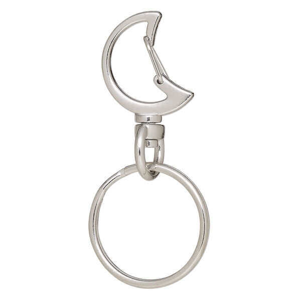 Key ring, imitation rhodium-finished brass and steel, 55.5x25.5mm overall with 21x19.5mm self-closing moon on a swivel and 25.5mm split ring. Sold per pkg of 5. image number 0