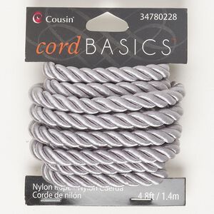Cord 1pkg1 nylon, silver, 6mm twisted, 56 inches.
