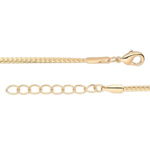 Chain, gold-finished brass, 2mm twisted curb, 24 inches with 1-1/4" extender chain and lobster claw clasp. Sold per pkg of 2.