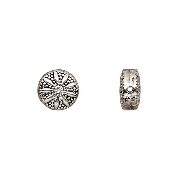 Bead, antique silver-finished "pewter" (zinc-based alloy), 10mm double-sided beaded flat round with flower design. Sold per pkg of 10. image number 0