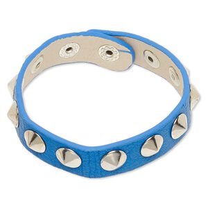 Bracelet, imitation leather and imitation rhodium-finished steel, blue, 15mm wide with studs, adjustable at 6-1/2 and 7 inches with snap closure. Sold individually.