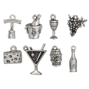Charm set, antiqued pewter (tin-based alloy), 14x5mm-20.5x15.5mm wine theme. Sold per 8-piece set.