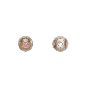 Bead, Czech lampworked glass, opaque brown / pink / green, 6-7mm round with flower design. Sold per pkg of 10.