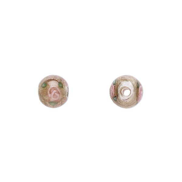 Bead, Czech lampworked glass, opaque brown / pink / green, 6-7mm round with flower design. Sold per pkg of 10. image number 0
