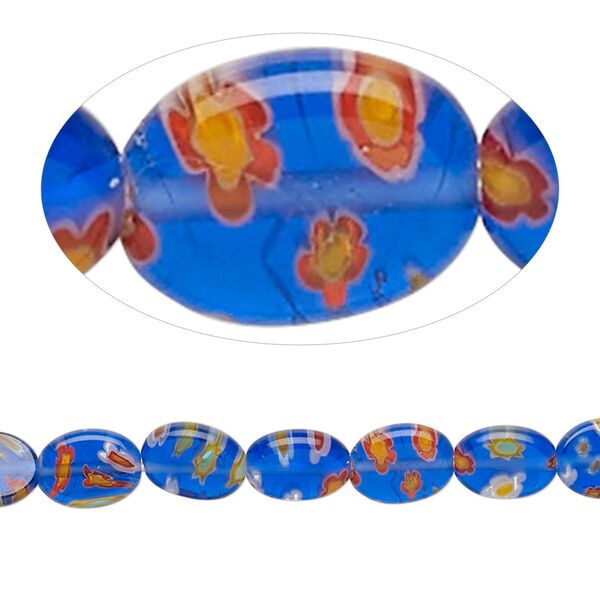 Bead, millefiori glass, translucent cobalt blue and multicolored, 8x6mm flat oval with flower design. Sold per 14-inch strand. image number 0