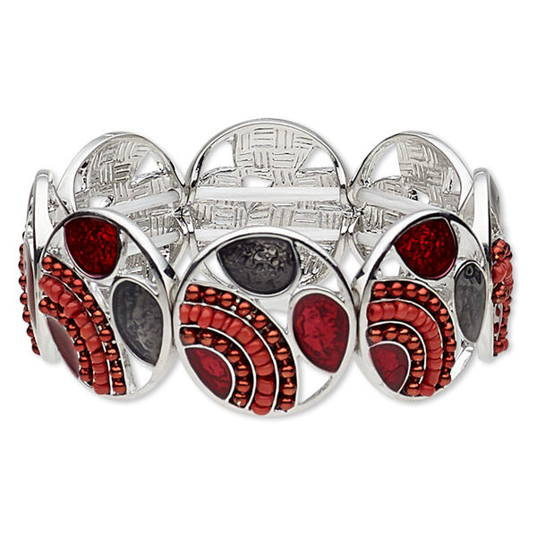 Bracelet, stretch, enamel / glass / imitation rhodium-plated "pewter" (zinc-based alloy), red / dark red / black, 25mm wide with 25mm round, 6-1/2 inches. Sold individually. image number 0