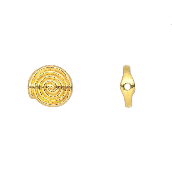 Bead, gold-finished "pewter" (zinc-based alloy), 11x4mm double-sided flat round with spiral design. Sold per pkg of 20. image number 0