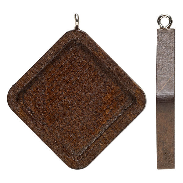Focal, stained Japanese pagoda wood and stainless steel, dark brown, 38.5mm single-sided diamond with 25mm non-calibrated square glue-in setting. Sold per pkg of 8. image number 0