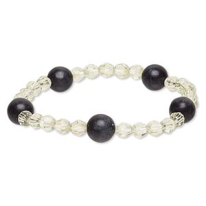Bracelet, stretch, blackstone (dyed) and acrylic, yellow-green, 5-6mm faceted round and 9-10mm round, 6 inches. Sold individually.
